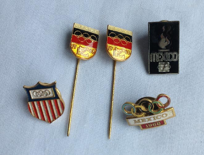 x5 1968 Mexico Olympic Games badges USA x2 Germany x2 others